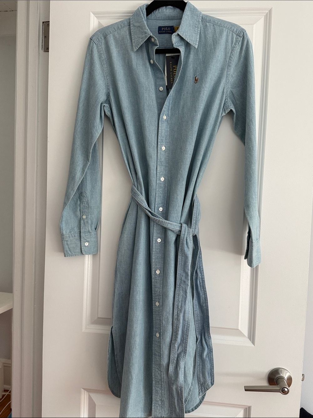 Ralph Lauren Light Denim Shirt Midi Dress with Tie Waist